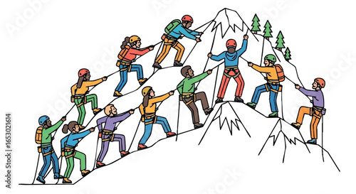 Team of climbers reaching summit