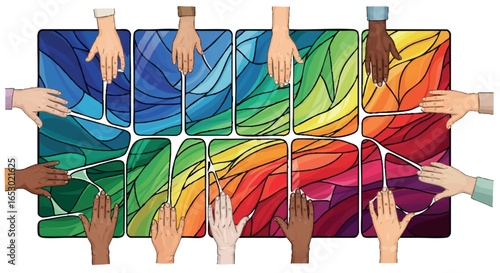 Hands assembling colorful stained glass puzzle 