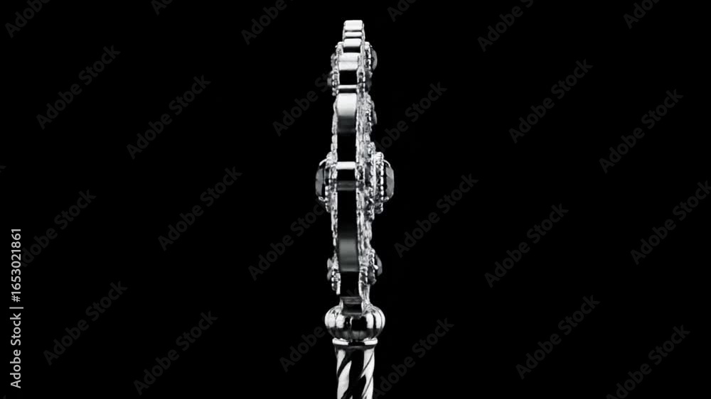 An ornate silver scepter with black gemstones slowly rotates against a dark background. An ornate silver scepter with black gemstones slowly rotates against a dark background.
