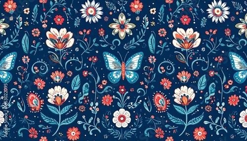 Wallpaper Mural Floral butterfly pattern on dark background Torontodigital.ca