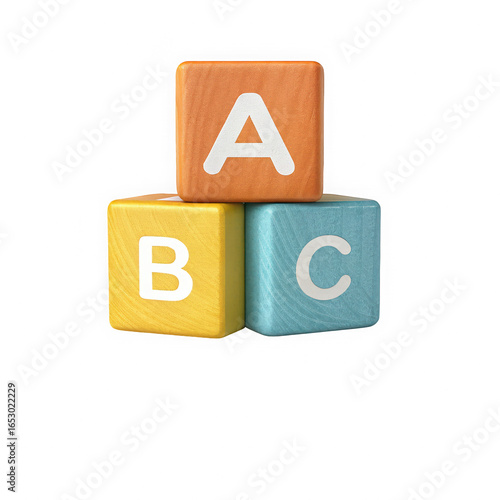 Three colorful alphabet blocks with letters A B and C isolated on transparent background. Wooden textured blocks for educational and child-themed designs. Classic ABC blocks in orange yellow and blue