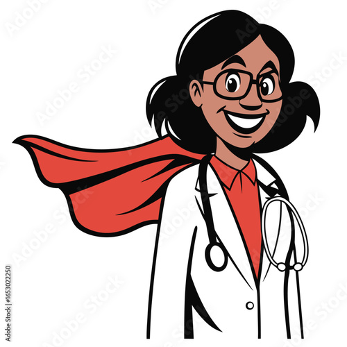 Cartoon Superhero Doctor with Cape Ready to Save the Day Bringing Health and Wellness