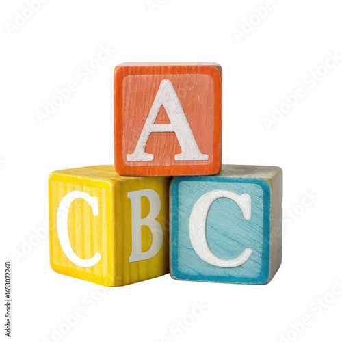 Stack of three wooden alphabet blocks with letters A and C isolated on transparent background. Bright orange yellow and blue ABC blocks for learning graphics. Vintage-style textured blocks 