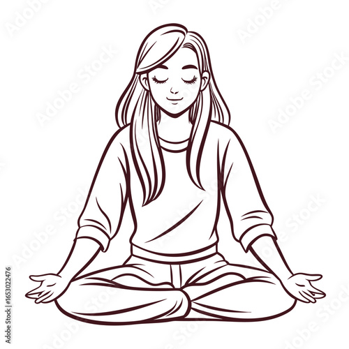 Line art of a young woman meditating in lotus pose with eyes closed meditation yoga