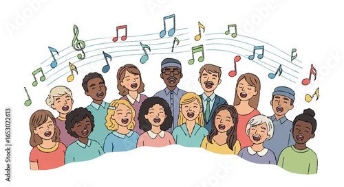 Singing chorus and musical notes illustration 