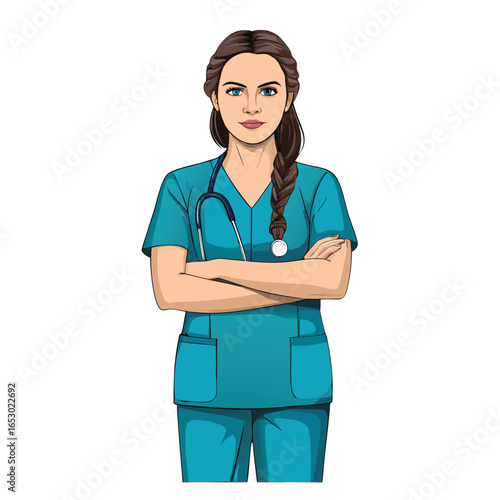 Confident Nurse in Teal Scrubs Standing with Arms Crossed Ready to Help