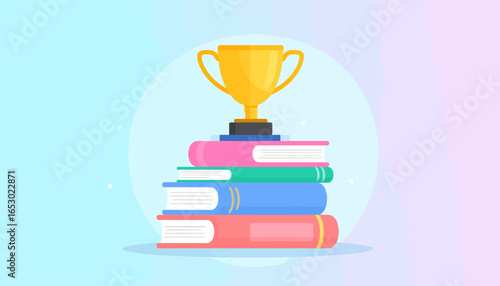 Award for excellence in education, a gold trophy cup on a stack of books symbolizing academic achievement and success