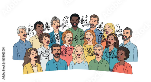 Diverse group of people singing in unison 