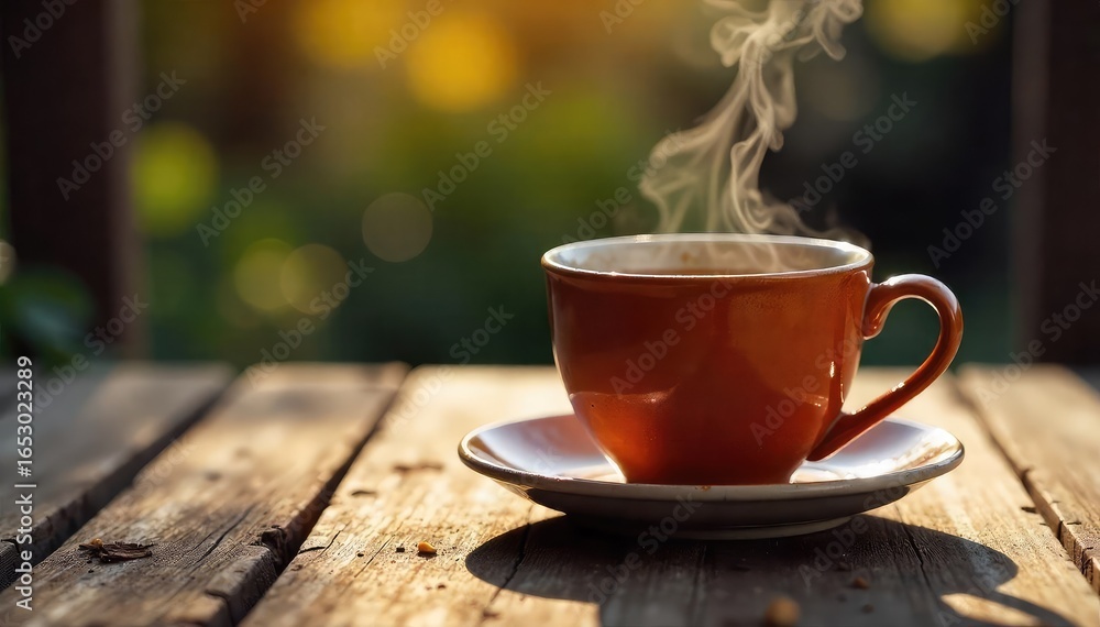 Obraz premium A steaming cup of tea cools on a rustic wooden table, condensation forming on the mug The scene evokes a feeling of warmth and peaceful relaxation , soothing, beige