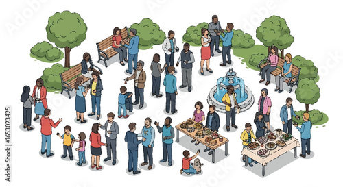 Group of people enjoying leisure time in public park 