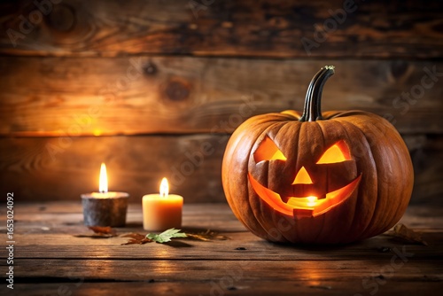 Halloween Jack O Lantern with Candles on Rustic Wood Background