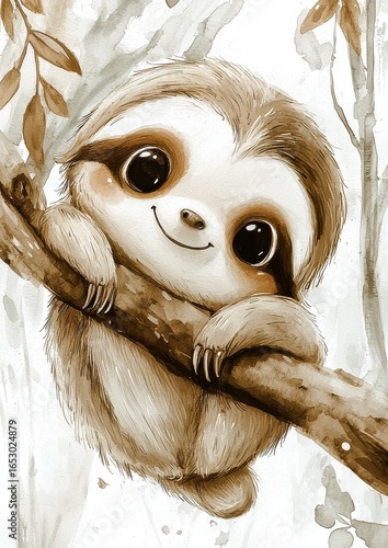 A cute, cartoon-style sloth hanging on a branch with an adorable smile, surrounded by leaves.