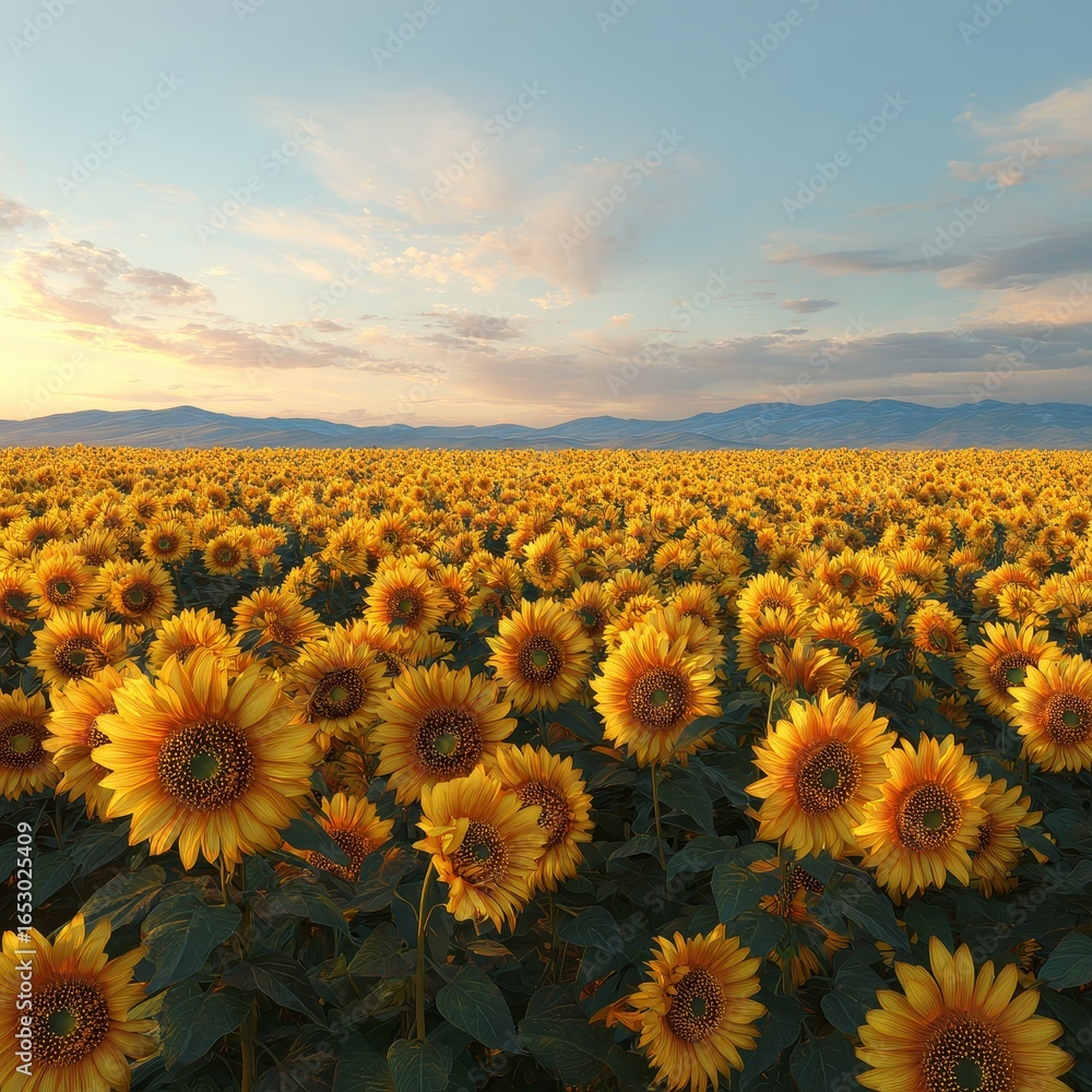 Fototapeta premium Sunflower Field Blooming with Positive Thinking at Sunset in Nature's Landscape