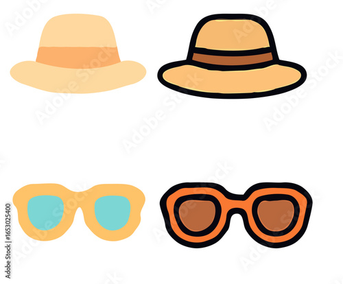 Simple illustrations of two sun hats and two pairs of sunglasses, all in a flat design style.