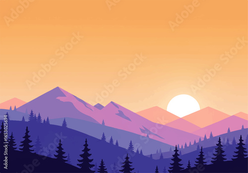 Silhouettes of mountains and trees at sunrise, vibrant colors, peaceful landscape.