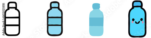 Four water bottle illustrations, progressing from outline to filled blue, one with a smiling face.