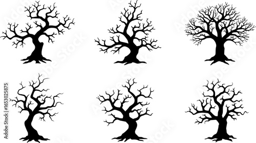 Illustration of six spooky trees with bare branches in black and white for halloween decorations needs | editable eps vectors silhouette