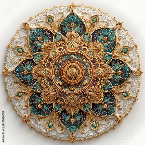 Artistic peacock feather mandala with blue gemstones high resolution picture
