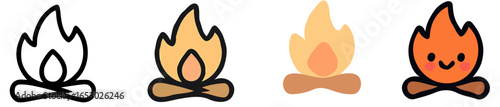 Three stylized campfire illustrations, progressing from a simple line drawing to a cartoonish representation.