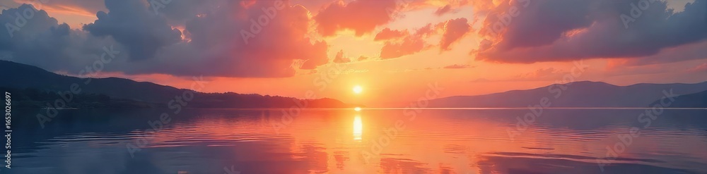 Fototapeta premium Serene sunrise over calm water, reflecting the promise of a new day; a peaceful scene evoking feelings of hope and tranquility , meditation, quiet