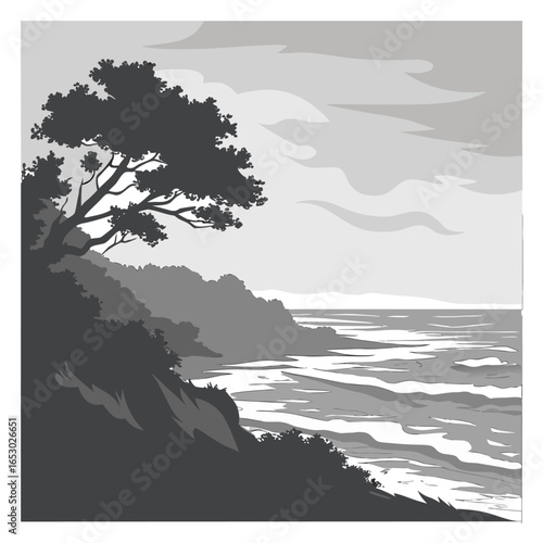 Monochromatic coastal scene with silhouetted trees and choppy sea black and white monochrome