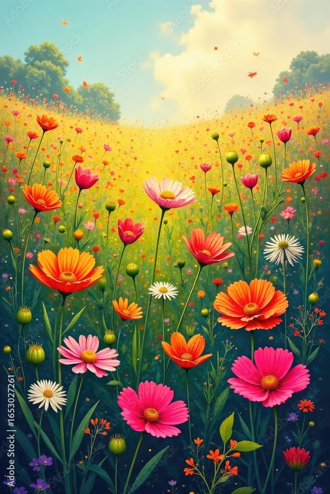 Fototapeta premium Vibrant abstract field of wildflowers in full bloom, perfect for website backgrounds or digital art projects Stunning colors and textures ideal for a spring or summer theme , picturesque, website