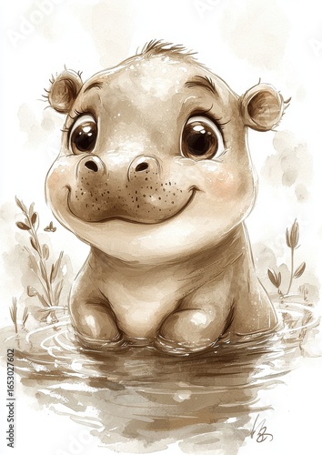 A cute, cartoon-style hippopotamus with big eyes, happily sitting in water surrounded by plants.