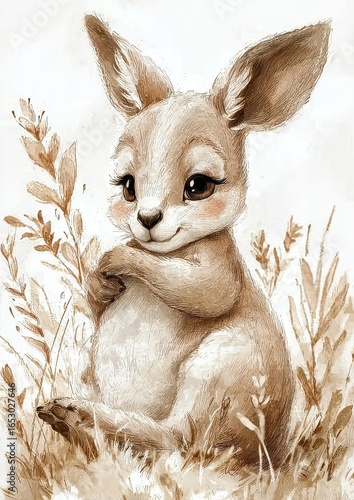 A cute cartoon-style rabbit with large eyes posing among tall grass in a soft, warm color palette.