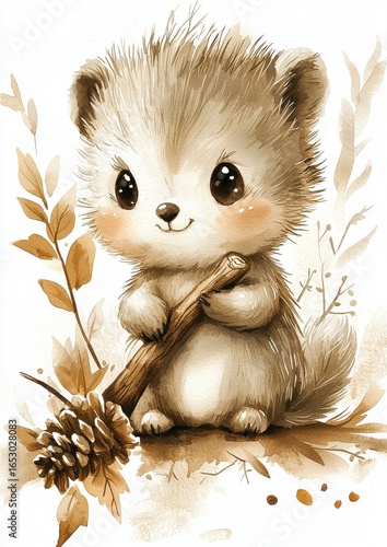 A cute, cartoon-style hedgehog holding a branch surrounded by leaves.