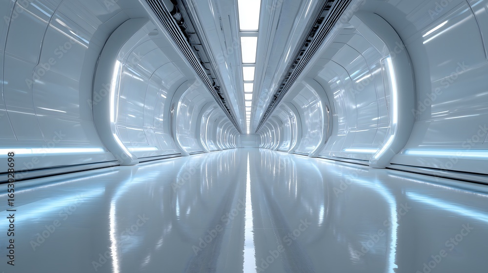 Naklejka premium Futuristic Sci-Fi Corridor with Modern White Interior Design.Generative AI