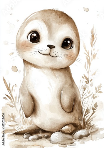 A cute, cartoon-style illustration of a smiling seal with large eyes, surrounded by soft textures and delicate plants in a warm color palette.