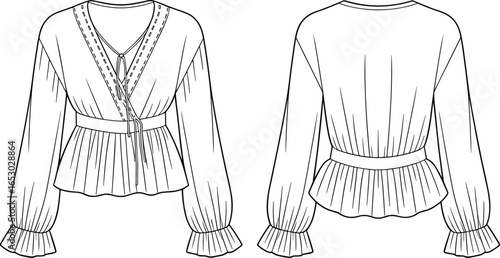 Long sleeve peplum blouse technical flat, V‑neckline with decorative stitching, tie front closure, gathered cuffs, cinched waist, apparel garment construction vector illustration