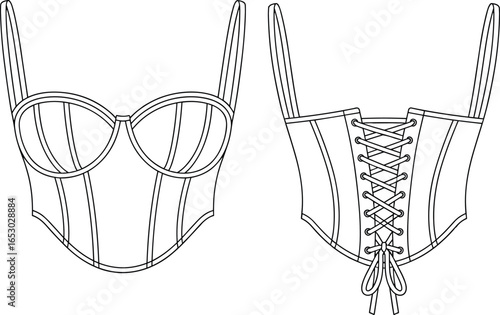 Corset technical fashion drawing, structured cups, vertical boning, lace‑up back with bow, garment construction flat sketch, detailed vector illustration template for apparel design
