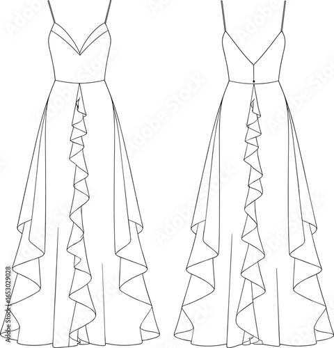 Long ruffle dress technical fashion sketch, spaghetti straps, V‑neckline, fitted bodice, layered flared skirt, central ruffle detail, garment construction vector illustration