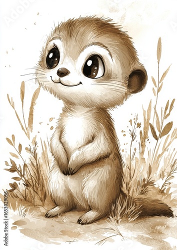 A cute, cartoon-style otter stands happily among grass and flowers, with big expressive eyes and a charming smile.