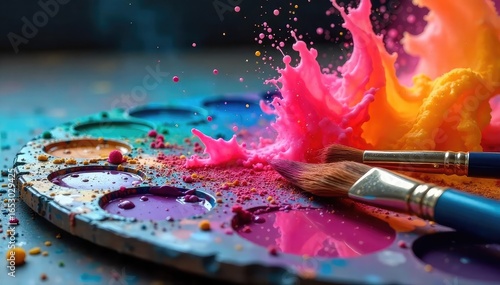 A vibrant paint palette explodes with color, brushes scattered nearby, embodying the raw energy and joy of artistic creation, a tangible representation of passion ignited , joy, studio