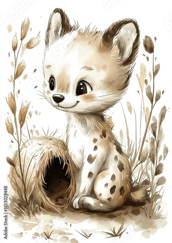 A cute cartoon-style animal with big eyes sitting next to a burrow, surrounded by grass and plants.
