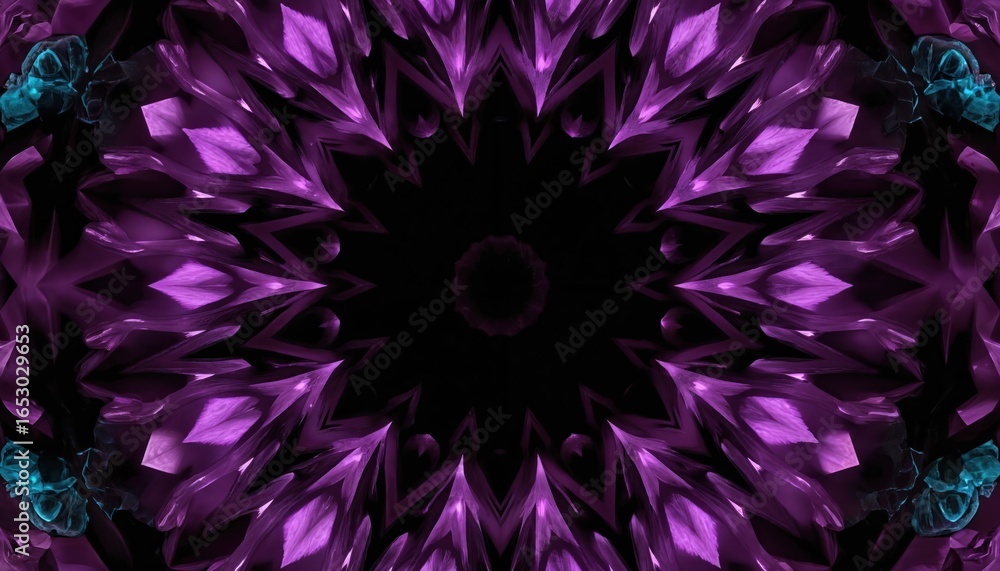 Obraz premium Intricate purple crystal gemstone kaleidoscope pattern creates mesmerizing optical illusion. Symmetrical fractal design with sharp geometric shapes in vivid violet hues, subtle teal accents. Perfect