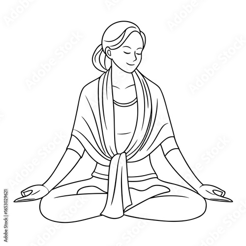 Simple black and white line drawing of a woman meditating in lotus pose meditation yoga