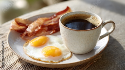 A Delightful Breakfast: A simple yet appetizing arrangement features a cup of coffee, crispy bacon, and sunny-side-up eggs on a plate, ready to kick-start the day.