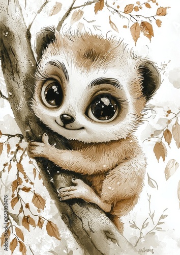 A cute cartoon-style sloth with large eyes perched on a tree branch among colorful autumn leaves.