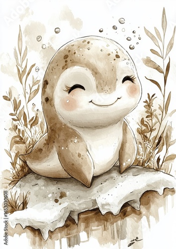 A cute, cartoon-style seal with a joyful expression sits on a rock amidst aquatic plants and bubbles, illustrated in soft earthy tones.