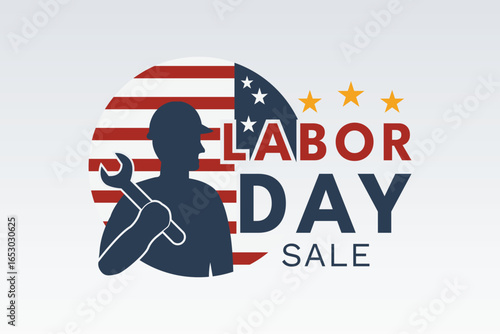 labor day wrench badge with striped background
