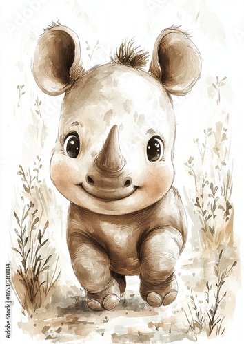 A cute cartoon-style baby rhinoceros with big eyes, smiling joyfully in a natural background with light colors.