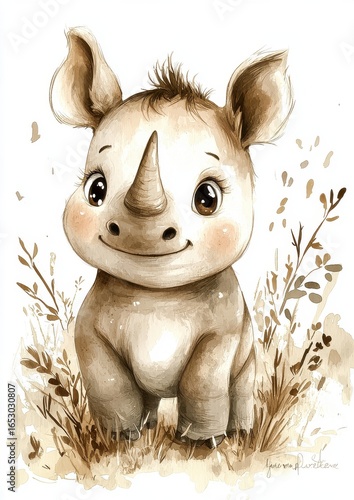A cute, cartoon-style baby rhinoceros with a cheerful expression, surrounded by soft colors and nature elements.