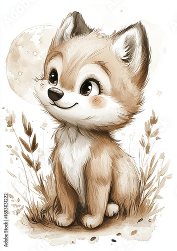 A cute cartoon style fox with large eyes sitting in a field of grass under a moonlit background.