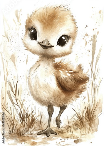 A cute, cartoon-style chick with big eyes and fluffy feathers stands in a soft, textured background of grasses.