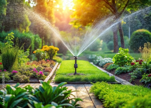 A serene garden with a pipe watering system