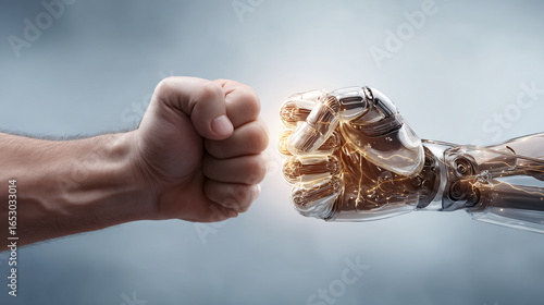 Robot Human Technology Fist Interaction Contrast Virtual Mechanical Cybernetic Innovation Future Collaboration Duality Digital Connection Power 