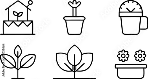 Gardening Icon Set: A set of hand-drawn gardening icons depicting a range of tools and elements essential to cultivation.